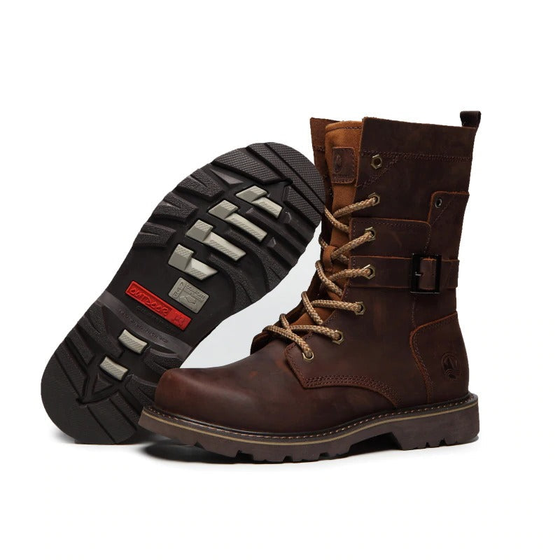 Genuine leather vintage-style motorcycle ankle boots for men in brown color with lacing and buckle details.