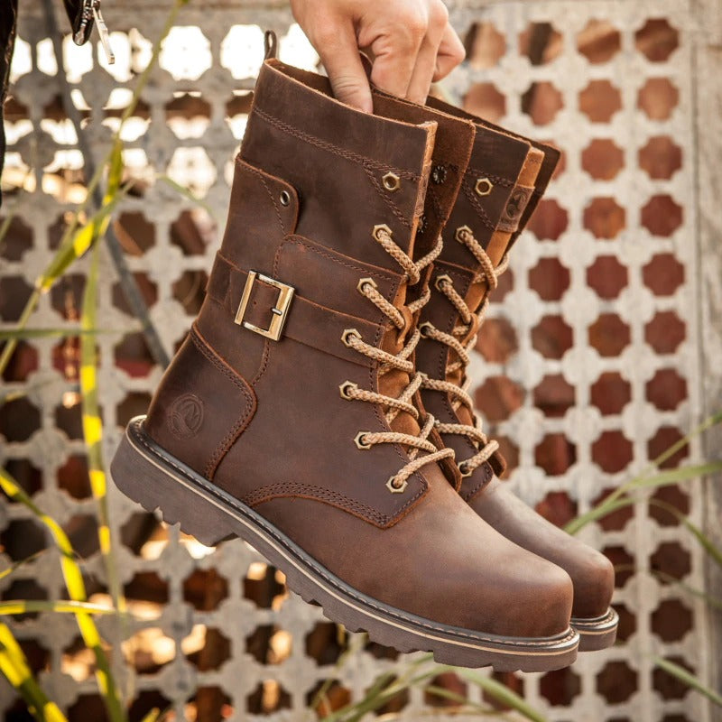 Genuine leather brown vintage motorcycle ankle boots with lacing and buckle for men, perfect for autumn and winter.