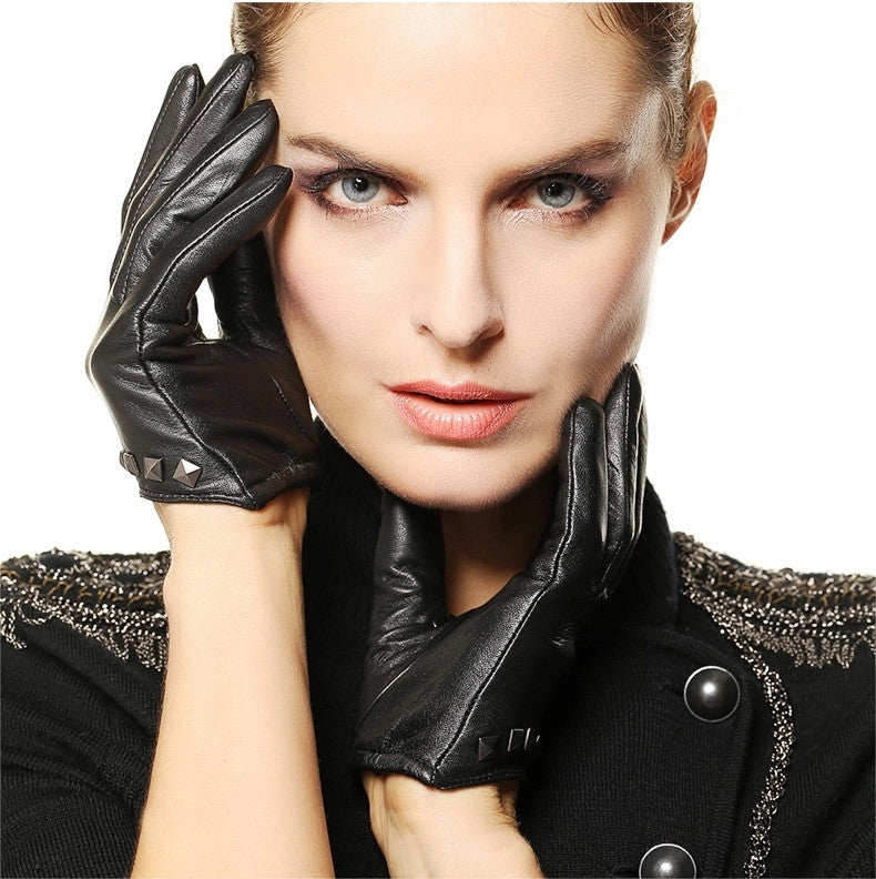 Genuine Leather Women Gloves / Wrist Rivet Sheepskin - Lambskin Thin Rock style Gloves - HARD'N'HEAVY
