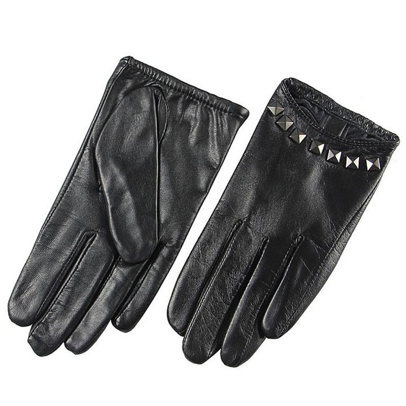 Genuine leather women gloves in black with wrist rivet detailing, stylish and perfect for alternative fashion.