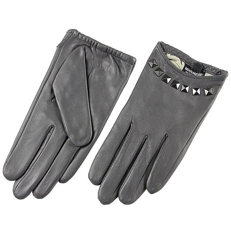 Genuine leather women gloves with wrist rivets, stylish and comfortable for festivals or drives, available in various sizes and colors.