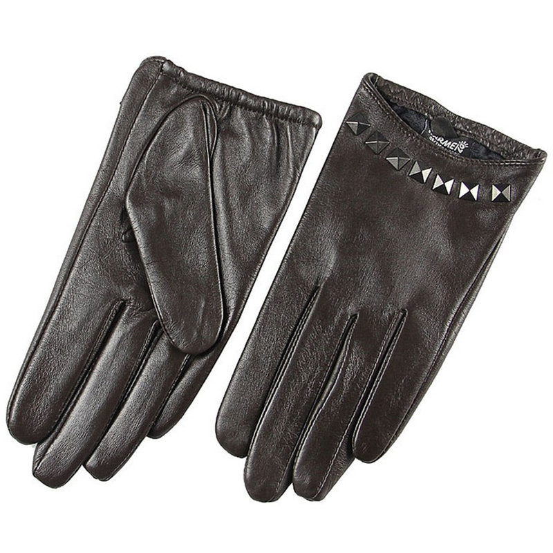 Genuine leather women gloves in black with wrist rivets, stylish and comfortable for festivals and drives.