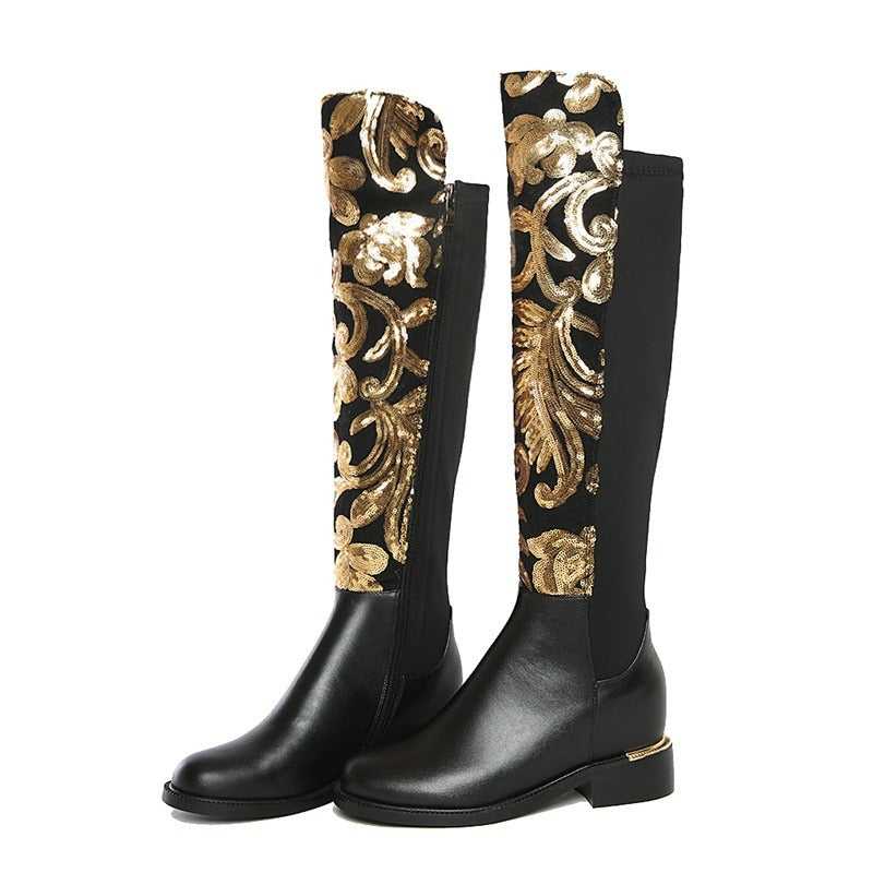 Black genuine leather knee high boots with stunning gold sequined design, perfect for evening wear.