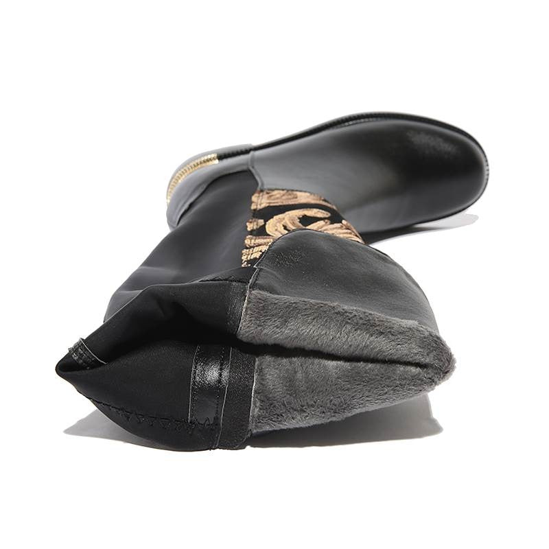Fashion stretch knee-high women's boots in black leather with golden sequins and plush lining.