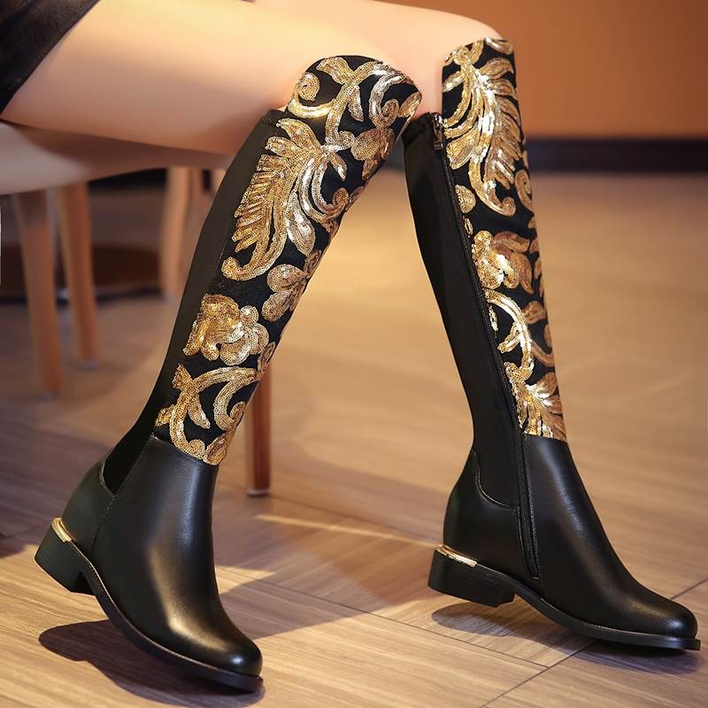Genuine leather women's knee-high boots in black with gold sequins for a stylish alternative fashion look.