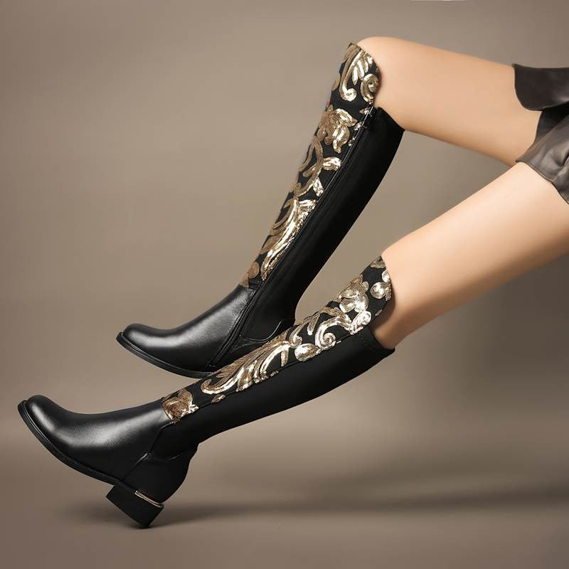 Fashionable black knee-high boots with golden sequins, showcasing alternative style and genuine leather material.