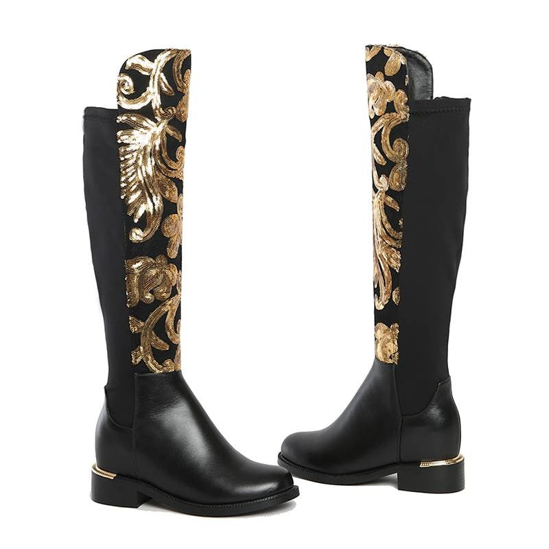 Genuine leather women's knee-high boots in black with gold sequins - stylish alternative fashion.