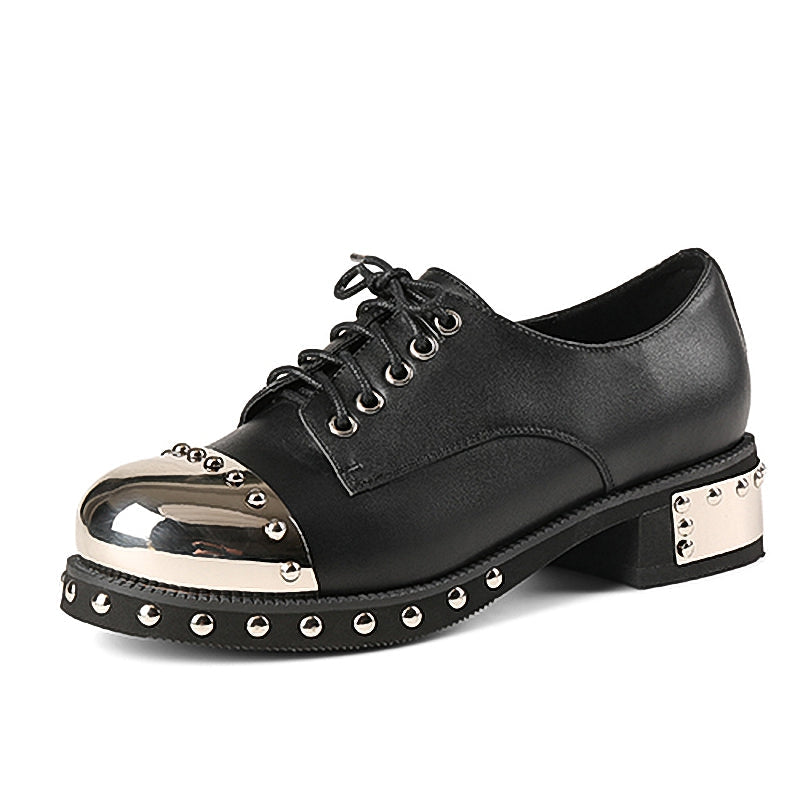 CLEARANCE / Genuine Leather Women's Gothic Shoes / Mid Heel Metal Platform Heels - HARD'N'HEAVY