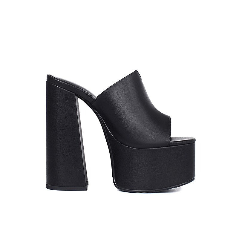Genuine Leather Women's Platform Sandals / Thick High Heel Party Shoes In Black And White Colors - HARD'N'HEAVY