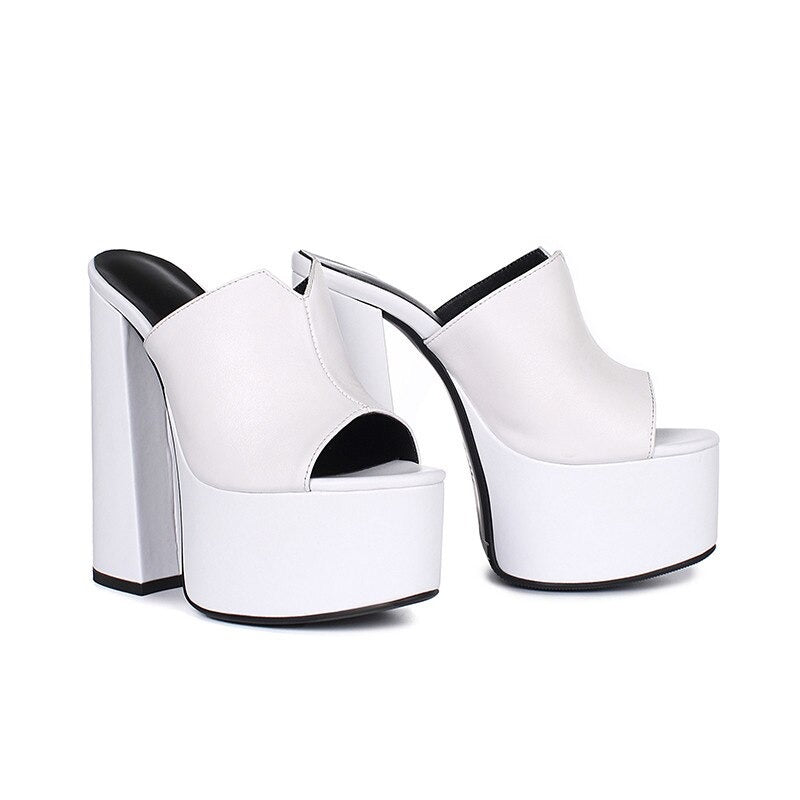 Genuine Leather Women's Platform Sandals / Thick High Heel Party Shoes In Black And White Colors - HARD'N'HEAVY