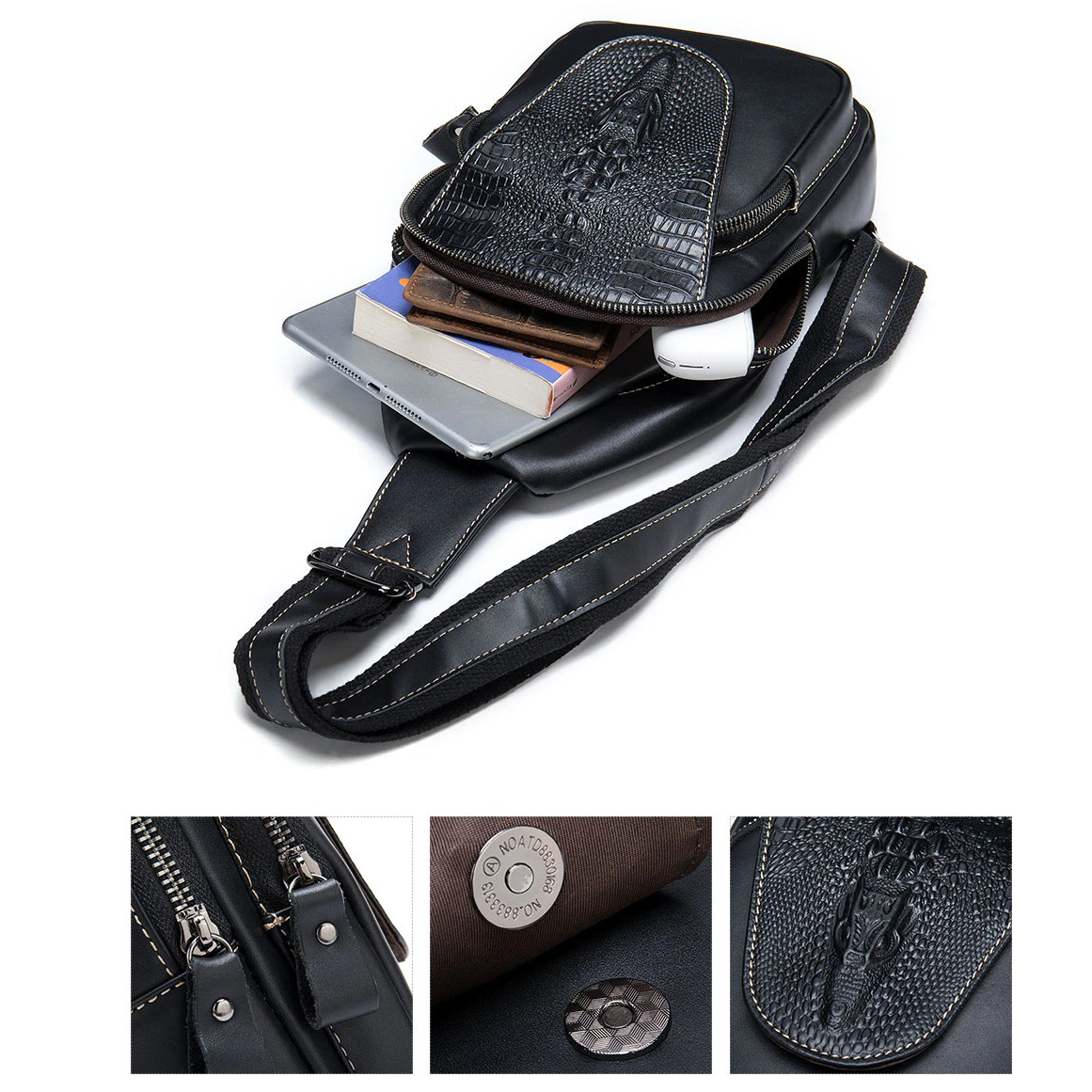 Genuine Leather Zipper Men's Bag / Male Pattern Crocodile Chest Bags / Luxury Accessories - HARD'N'HEAVY