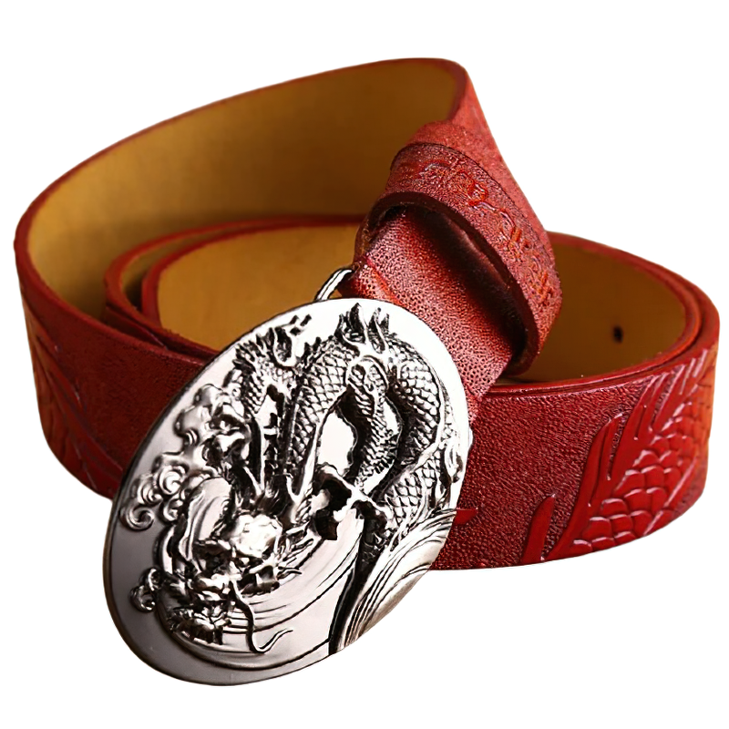 Genuine PU leather unisex belt with handcrafted dragon buckle in metallic finish, perfect for stylish outfits.