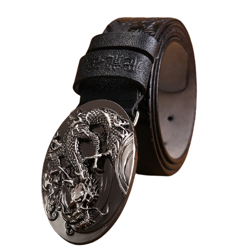Genuine PU leather belt with a unique dragon buckle design, perfect unisex fashion accessory.