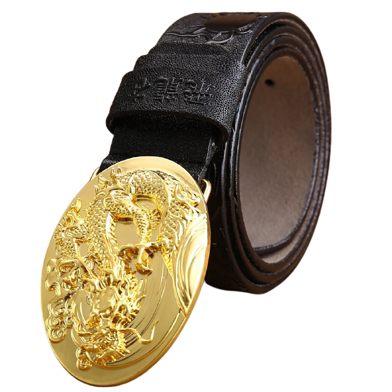 Genuine PU leather unisex belt with handcrafted golden dragon buckle design.