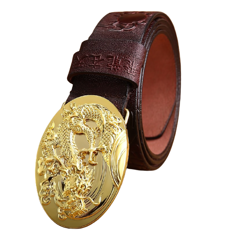 Genuine PU leather handcraft belt with a dragon-designed gold buckle, perfect unisex accessory for stylish outfits.