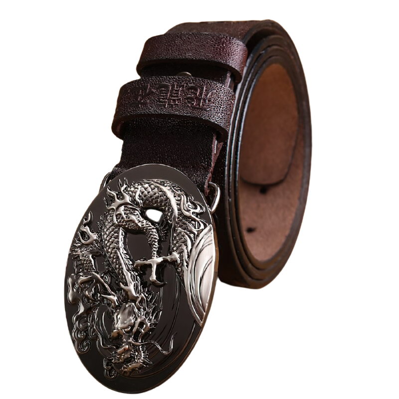 Genuine PU leather handcrafted belt with intricate dragon design buckle, perfect unisex accessory for any outfit.