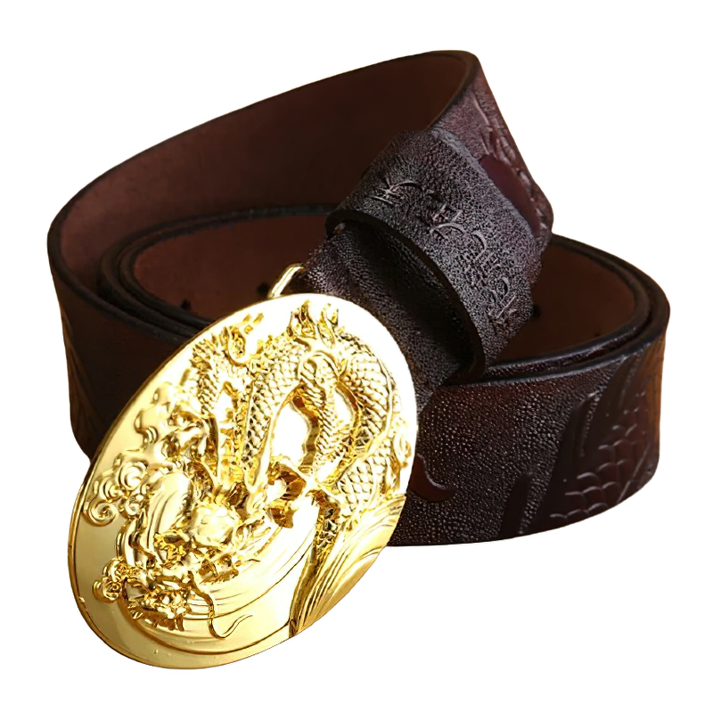 Genuine PU leather belt with handcraft dragon buckle, stylish unisex fashion accessory for unique outfits.