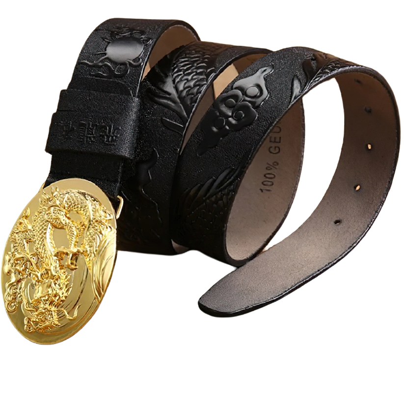 Handcraft PU leather belt featuring a unique gold dragon buckle, stylish unisex accessory for any outfit.