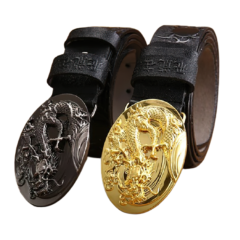 Genuine PU leather handcraft unisex belt with dragon design buckles in black and gold.