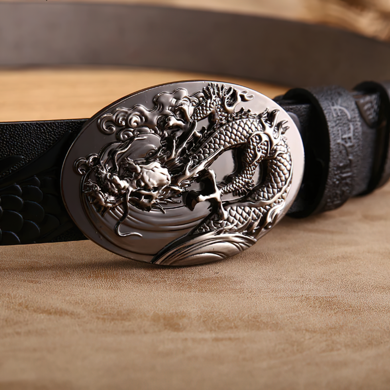 Close-up of a handcrafted PU leather belt featuring a detailed dragon buckle design, perfect for unisex fashion.