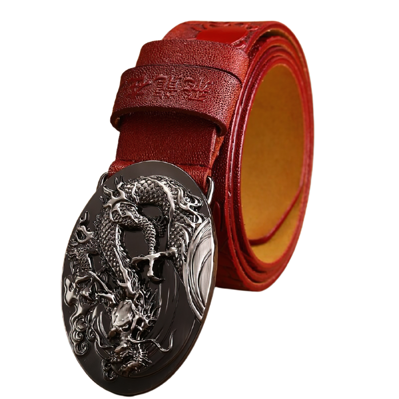 Genuine PU leather belt with handcrafted dragon buckle, stylish unisex accessory for any outfit.