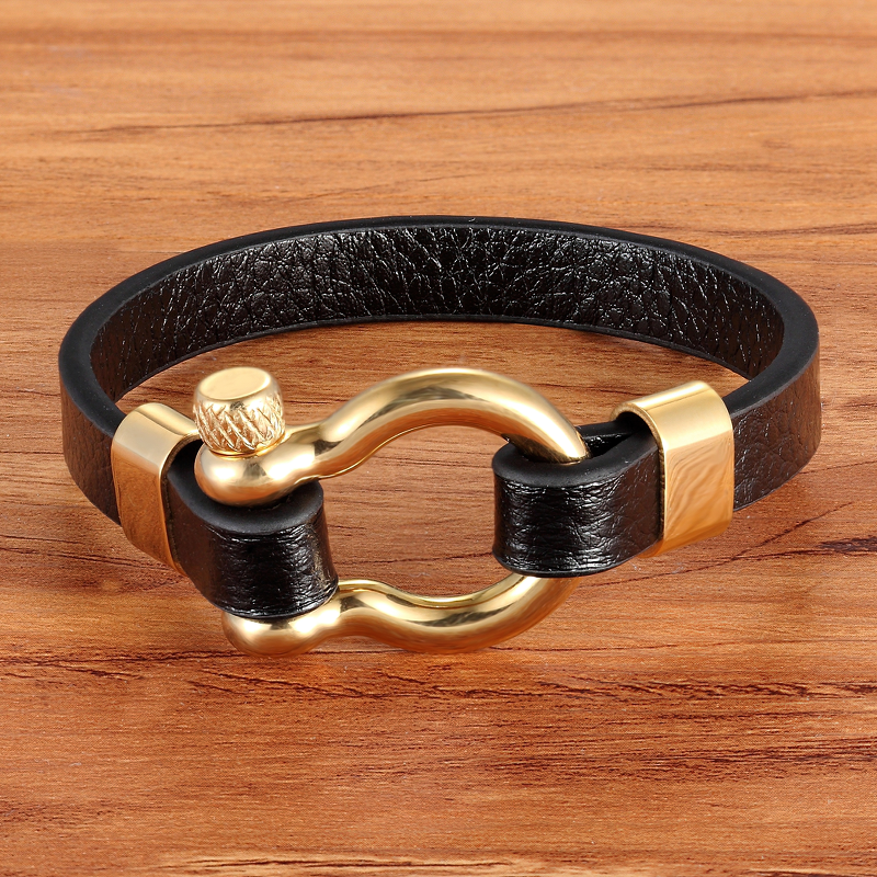 Geometric circle toggle-clasps black genuine leather bracelet with stainless steel accents, perfect for rock style looks.