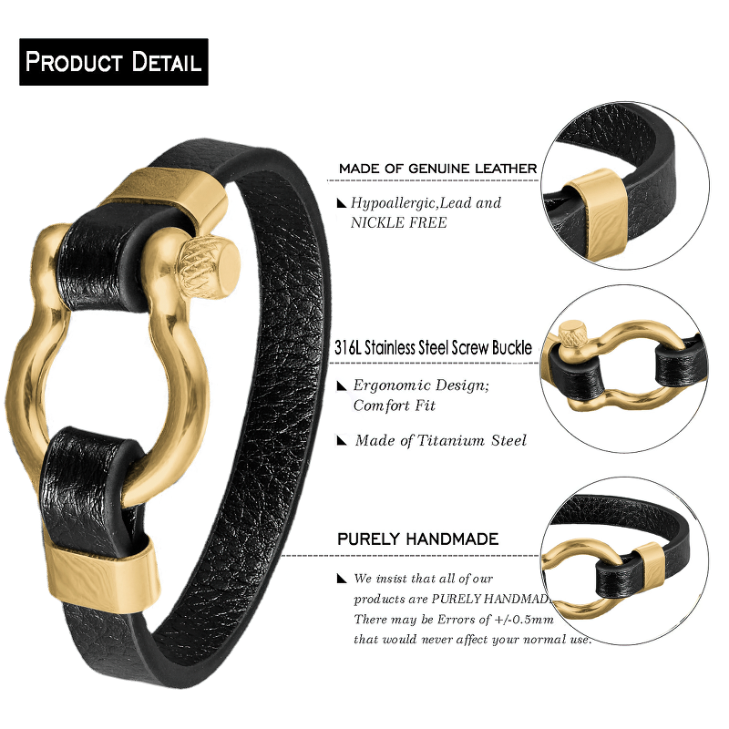 Genuine leather bracelet with gold toggle clasp and stainless steel details, handmade, stylish rock design for unisex wear.