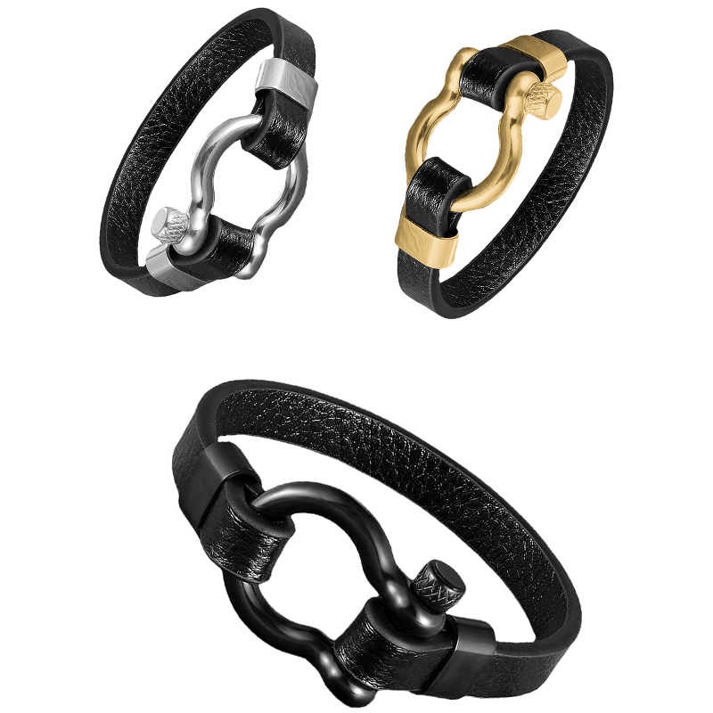 Geometric circle toggle-clasps genuine leather bracelets in black with stainless steel accents for a rock style.