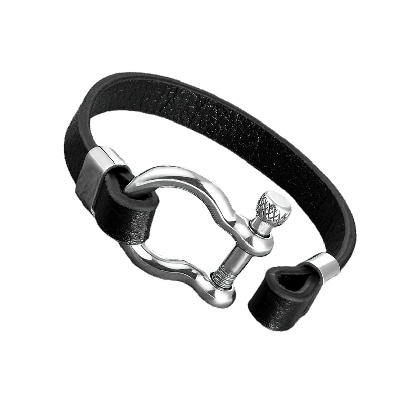 Geometric Circle Toggle-Clasps Genuine Leather Bracelet in rock style with stainless steel accents.