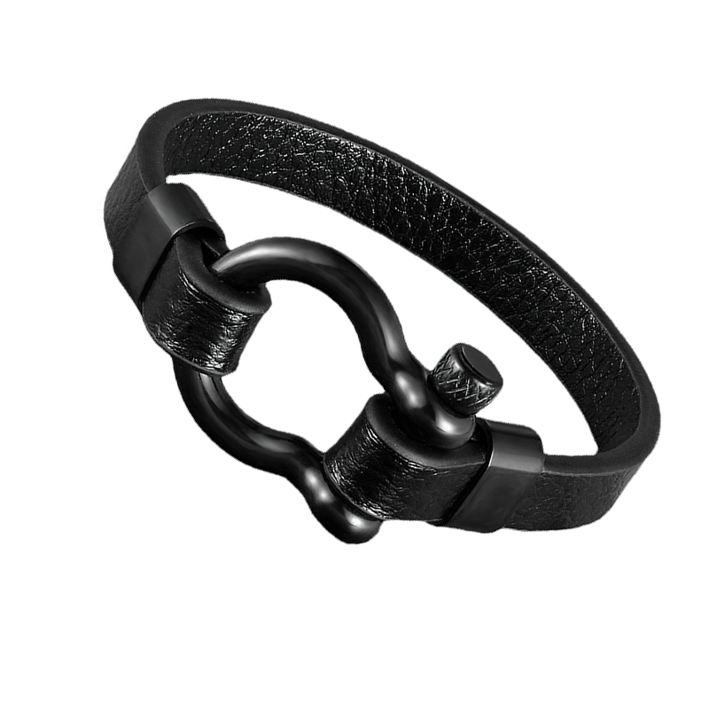 Geometric circle toggle-clasp bracelet in black genuine leather and stainless steel, perfect for rock style looks.