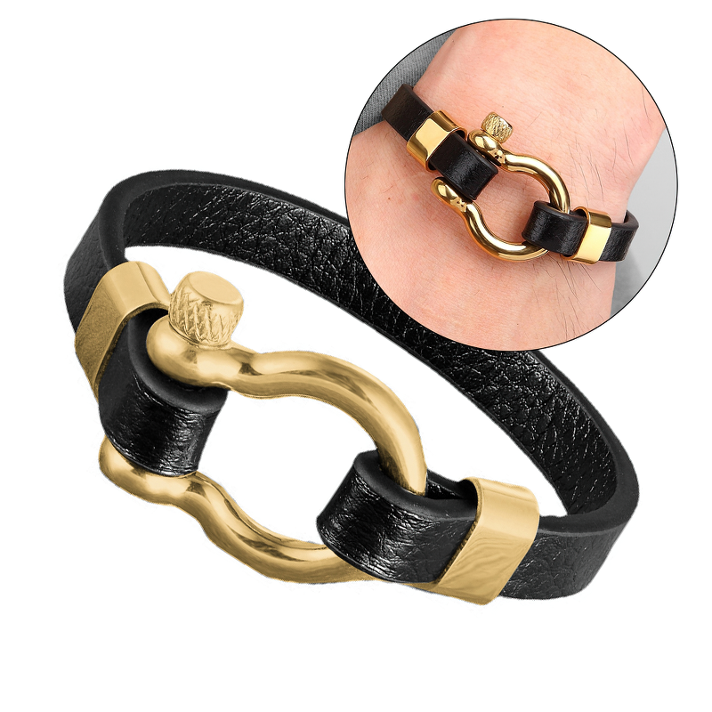 Geometric circle toggle clasp bracelet in black leather with stainless steel accents, perfect for a rock style look.