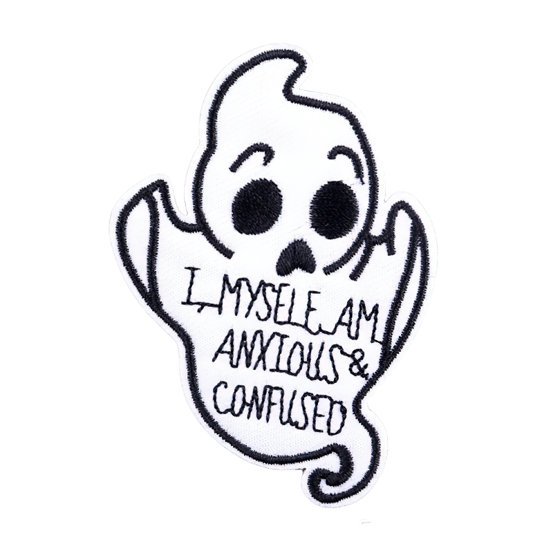 Ghost patch with inscription 'I myself am anxious & confused' for stylish clothing accessories.