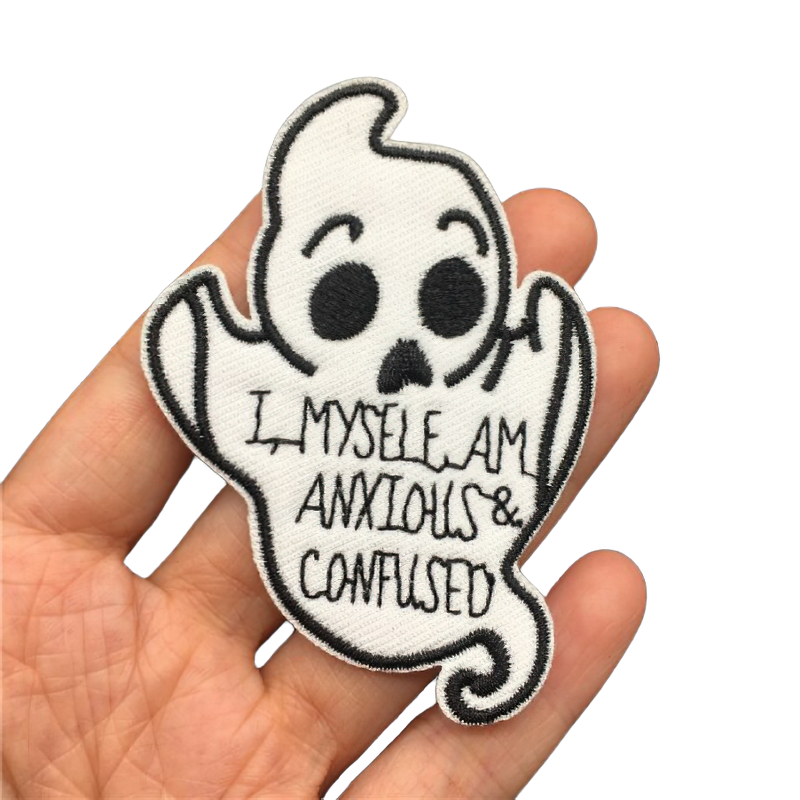 Ghost patch with inscription 'I, MYSELF AM ANXIOUS & CONFUSED' for stylish clothing accessories.