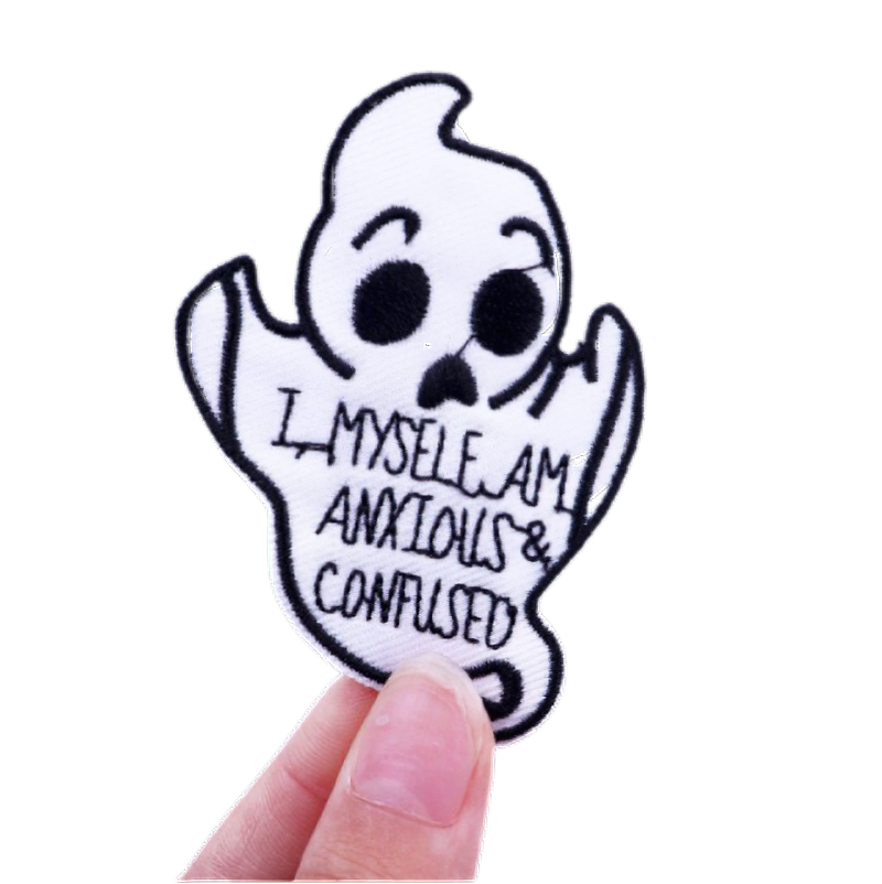 Unisex ghost patch with inscription 'I, MYSELF AM ANXIOUS & CONFUSED', perfect for trendy clothing accessories.
