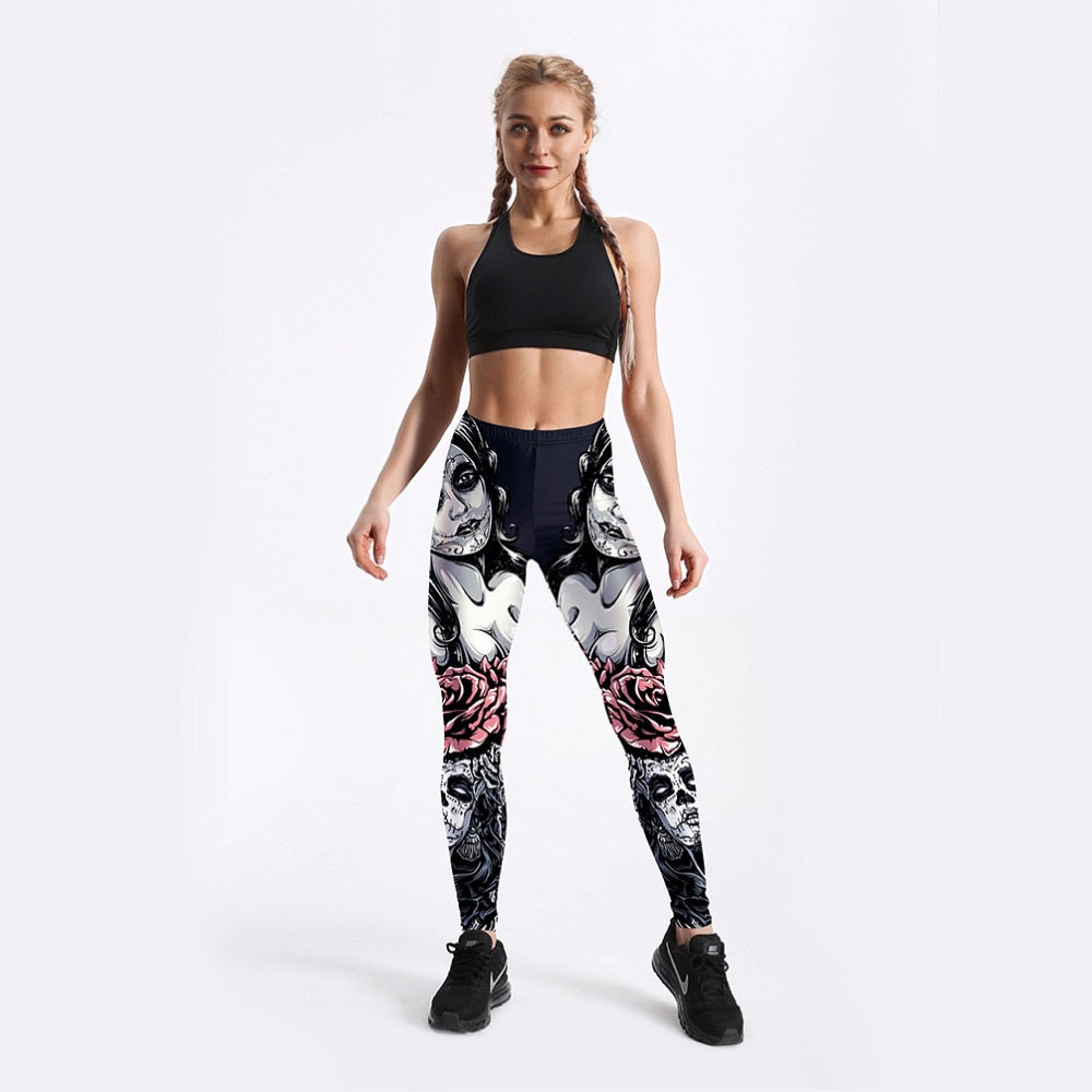 Girl in gothic rose leggings and sports bra, perfect for fitness and casual wear, showcasing a rock style vibe.