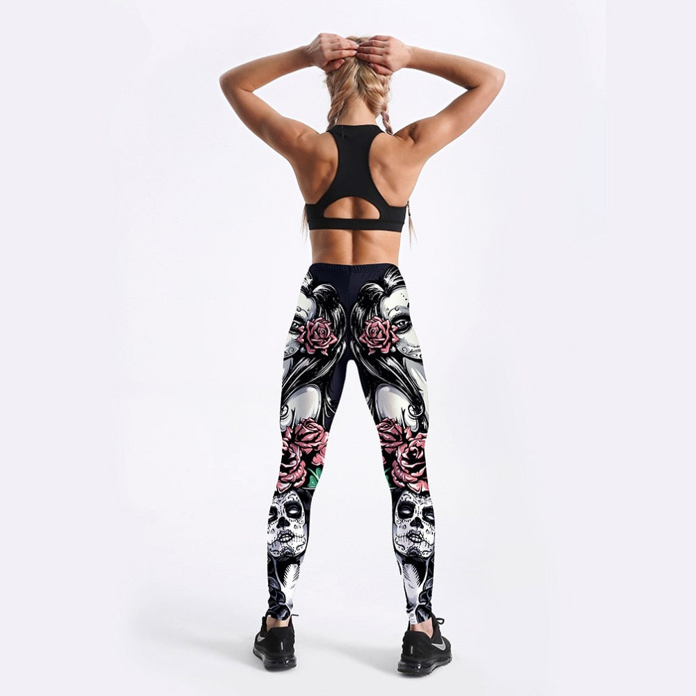 Gothic style leggings featuring a girl and roses, perfect for workouts and casual outfits. Mid-waist design in spandex.