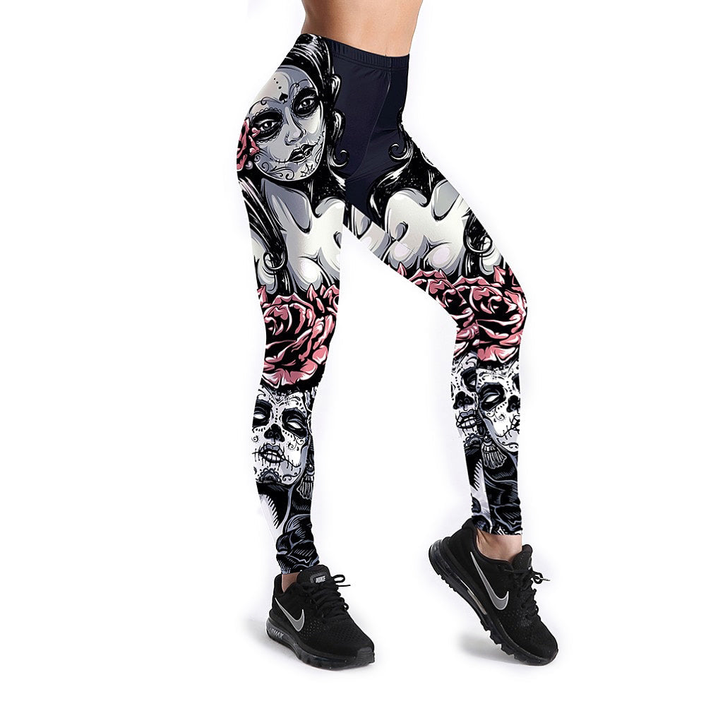 Girl With Roses Printed Leggings in Gothic Style / Fitness Workout Trousers / Mid Waist Pants - HARD'N'HEAVY