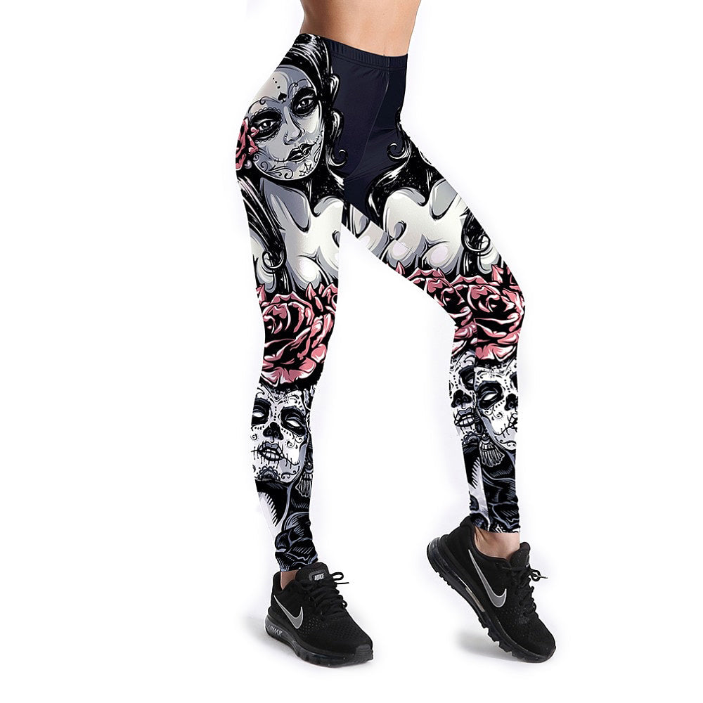 Gothic style leggings featuring a girl and roses, perfect for fitness or casual wear in rock fashion.