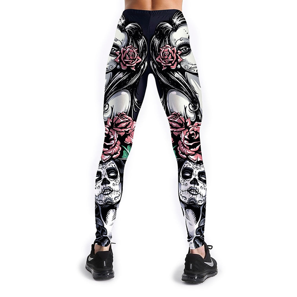 Gothic style leggings featuring roses and skulls, perfect for fitness and casual wear.