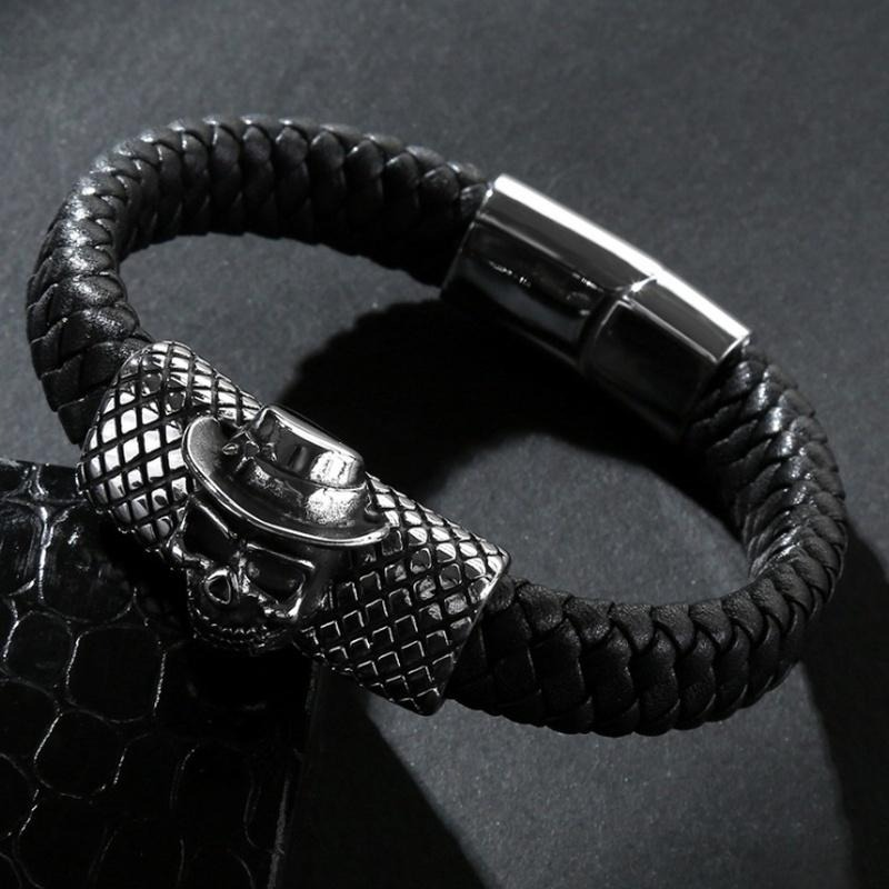 Glamour men's leather skull bracelet with magnet clasp, perfect for punk rock style outfits.