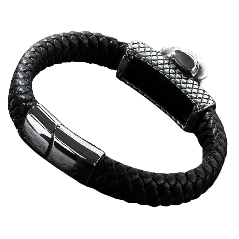 Trendy men's leather skull bracelet with magnet clasp, perfect for punk rock style outfits.