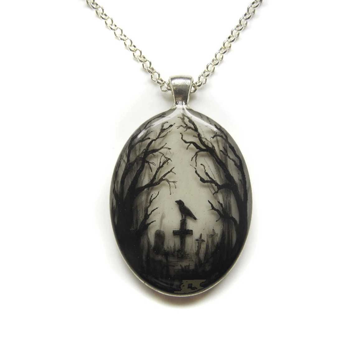 Gloomy Wood Graveyard Hand Painted Oval Pendant / Gothic Style Chain with Mystic Pendant