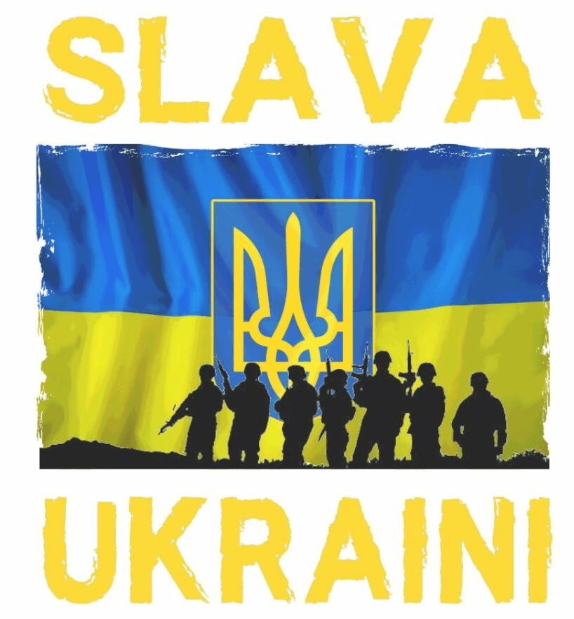 Men's t-shirt featuring the Ukrainian flag and soldiers with 'Slava Ukraini' text for patriotic expression.