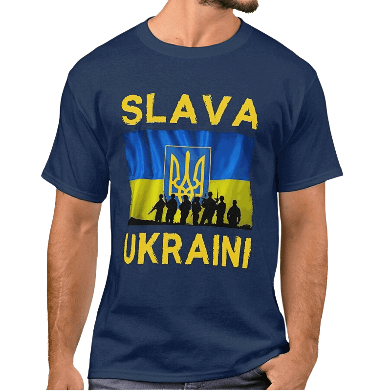 Men's navy blue 'Slava Ukraini' t-shirt with Ukrainian flag and silhouette print, perfect for casual style and patriotism.