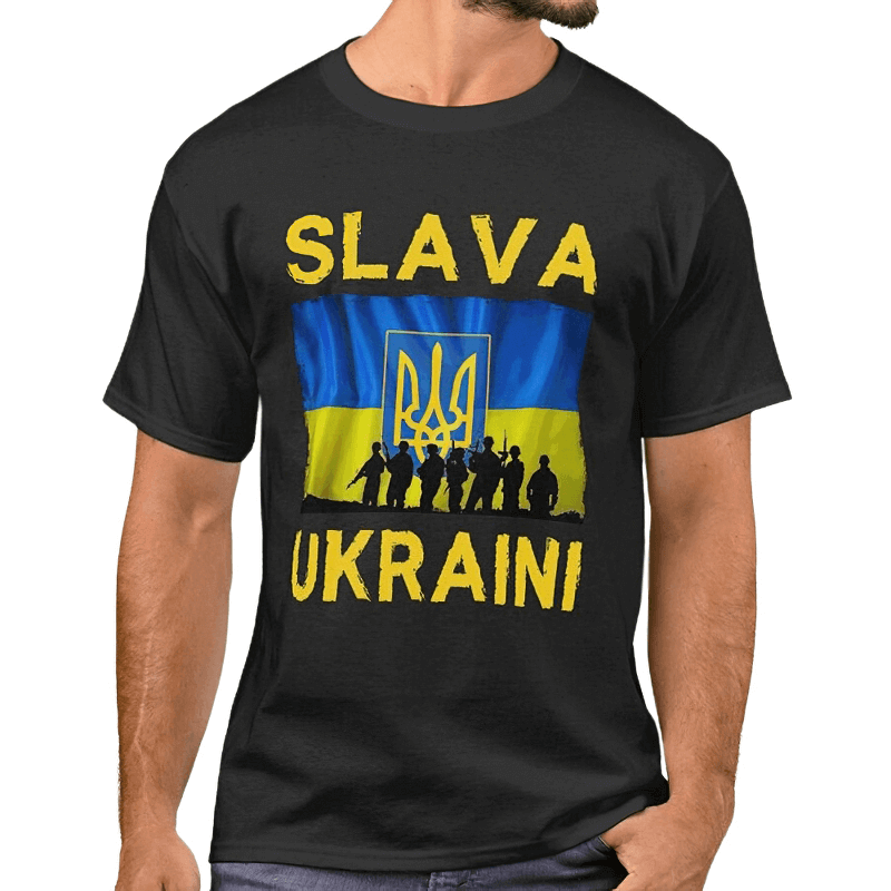 Men's 'Slava Ukraini' t-shirt featuring Ukrainian flag and silhouette art, perfect for casual patriotic wear.