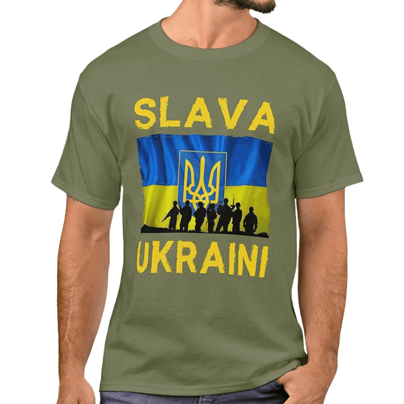 Men's 'Glory to Ukraine' T-shirt featuring Ukrainian flag and trident design. Stylish casual wear for patriots.