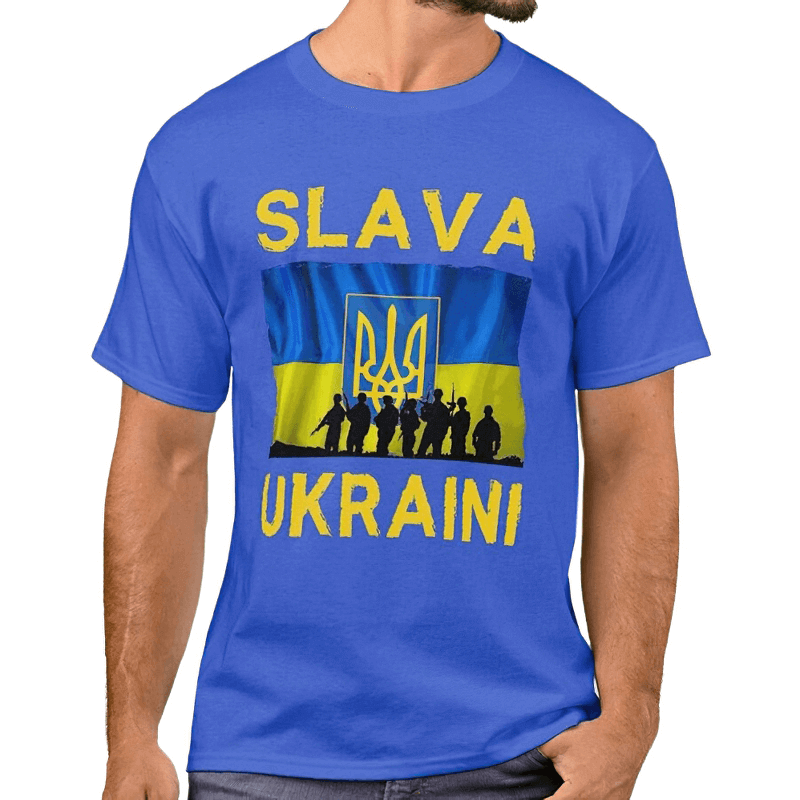 Men's blue t-shirt with 'Slava Ukraini' and Ukrainian flag design, perfect casual wear for patriotism.