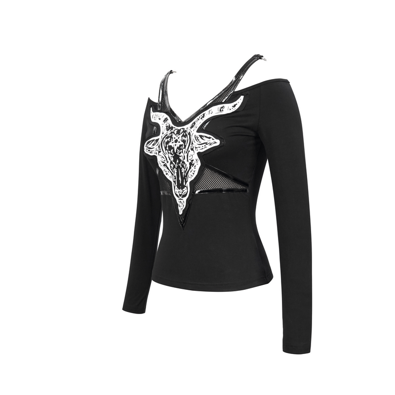 Goathead Print Top in Gothic Style / Long Sleeves Top with Shoulders Cut Out - HARD'N'HEAVY