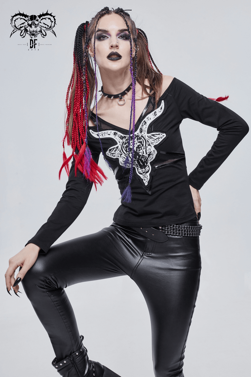 Goathead Print Top in Gothic Style / Long Sleeves Top with Shoulders Cut Out - HARD'N'HEAVY