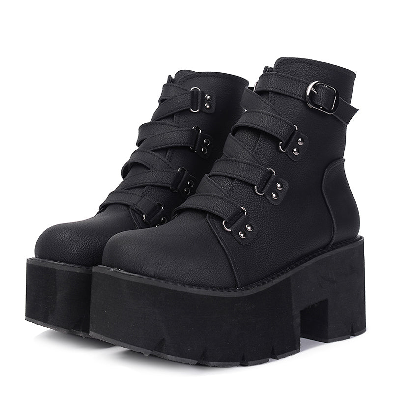 Goth Boots Women Platform Ankle Rubber Sole Buckle Black PU Punk Rock Style Spring Autumn Shoes - HARD'N'HEAVY
